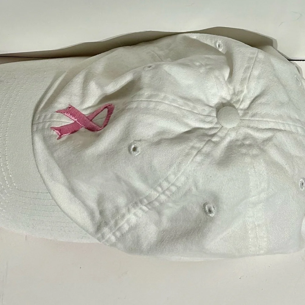 Pink Ribbon Breast Cancer Awareness Hat Baseball Cap White Pink Adjust Like New